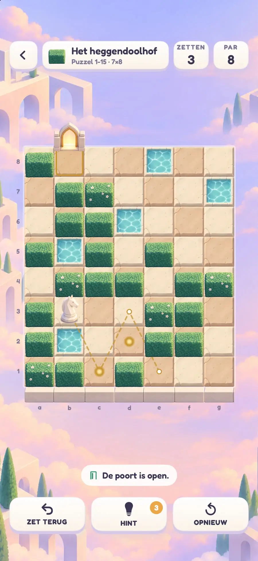Een puzzel uit Het heggendoolhof: het paard tussen groene heggen en vijvers, met de poort bovenaan